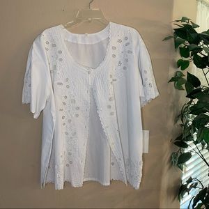 White cotton blouse with cut-out lace pattern